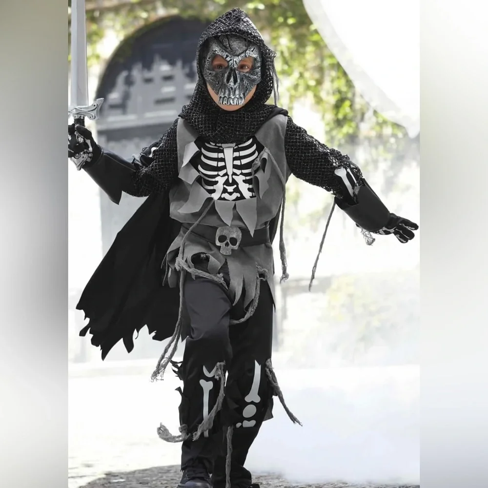 Chasing Fireflies Boys Sz 10 Costume Skeleton Knight Top Shirt Head Cover ONLY